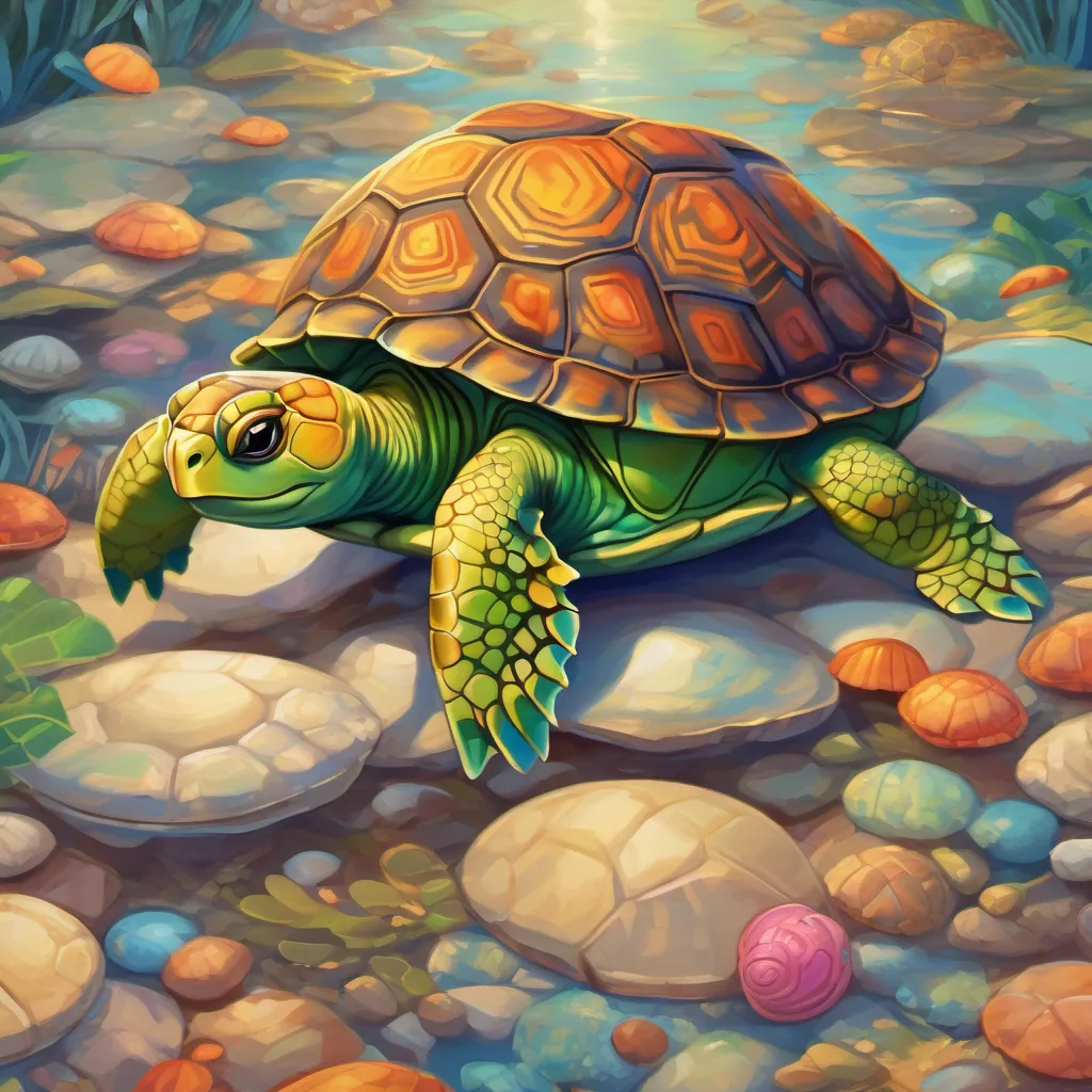A small turtle with bright eyes, a shell with unique patterns, and a determined expression the turtle with a thought bubble showing her imagining herself on grand adventures.