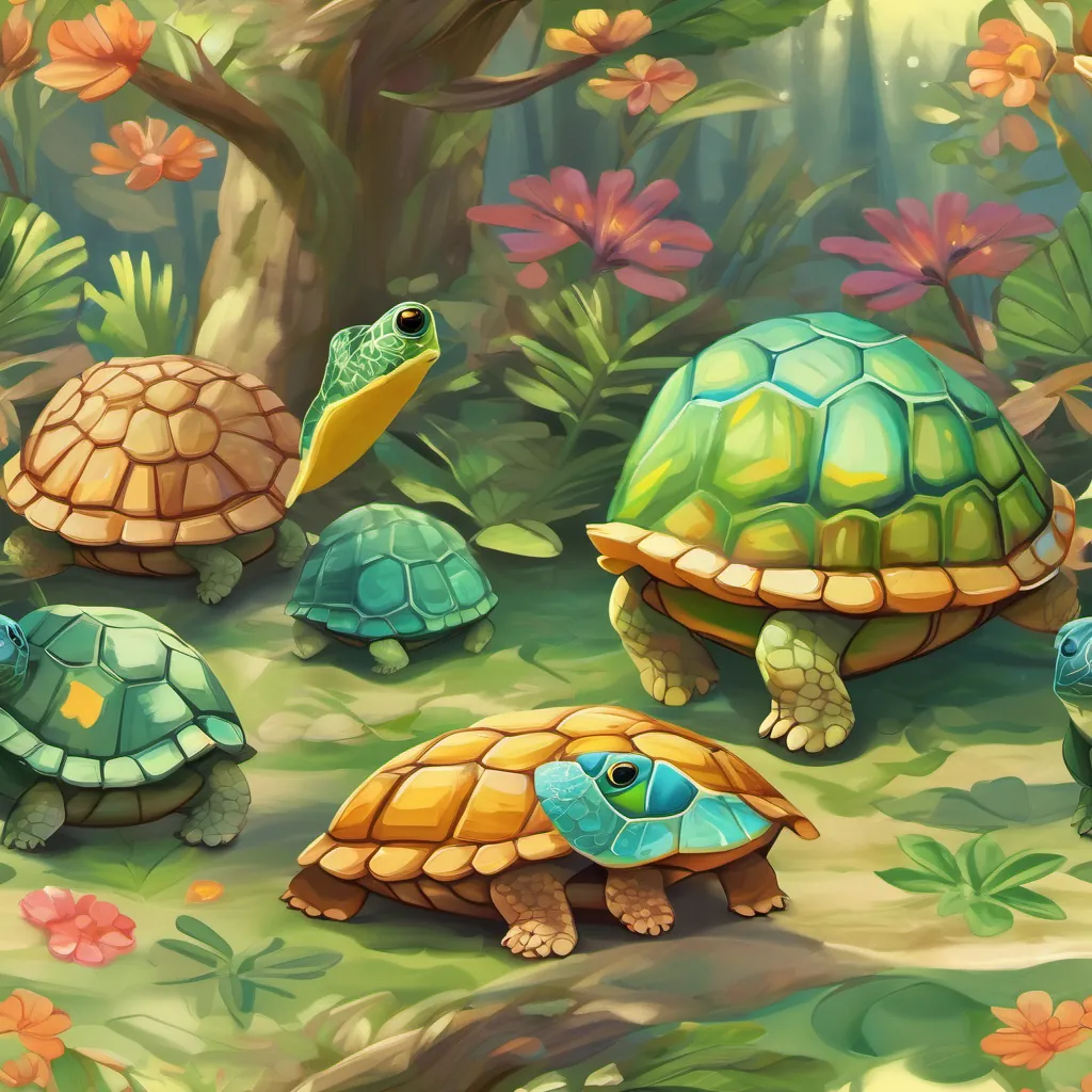 A small turtle with bright eyes, a shell with unique patterns, and a determined expression the turtle looking proud and happy, with her friends gathered around the tree.