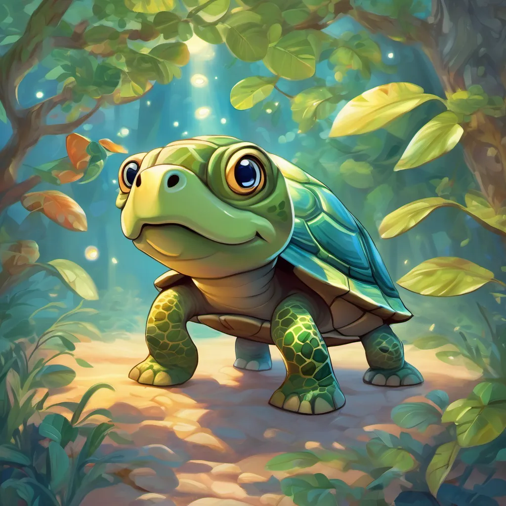 A small turtle with bright eyes, a shell with unique patterns, and a determined expression the turtle at the base of the tree, looking up and smiling reflectively.