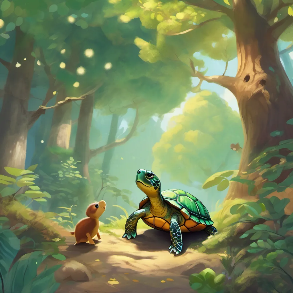 A small turtle with bright eyes, a shell with unique patterns, and a determined expression the turtle looking up at a tall tree while other woodland animals giggle around her.