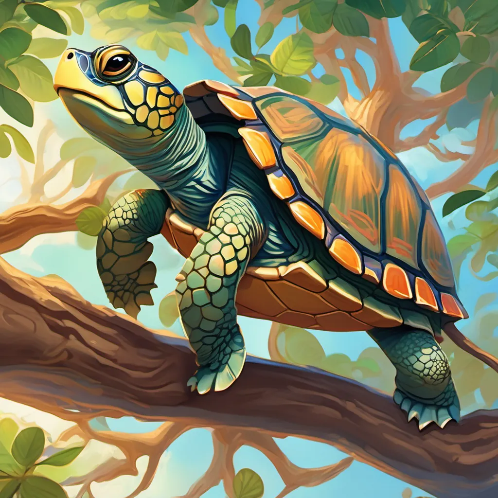 A small turtle with bright eyes, a shell with unique patterns, and a determined expression the turtle beginning to climb the large tree with determination on her face.