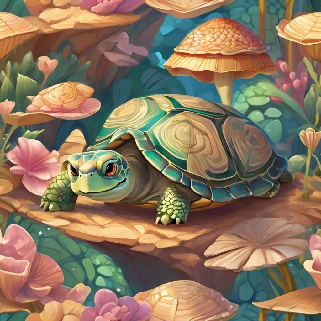 A small turtle with bright eyes, a shell with unique patterns, and a determined expression climbing higher, repeating 'I think I can' while her tiny legs push her upwards.