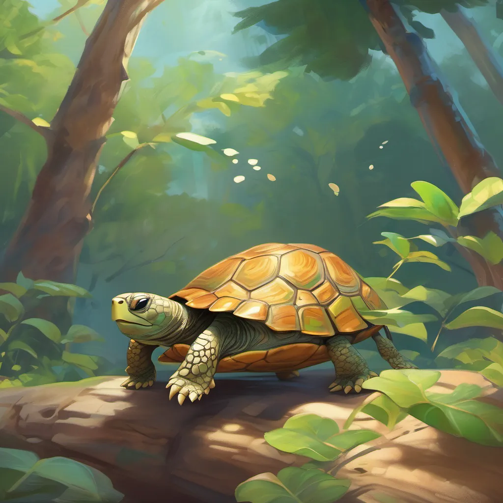 A small turtle with bright eyes, a shell with unique patterns, and a determined expression nearly falls from the tree but grabs on tighter, showing resilience and determination.