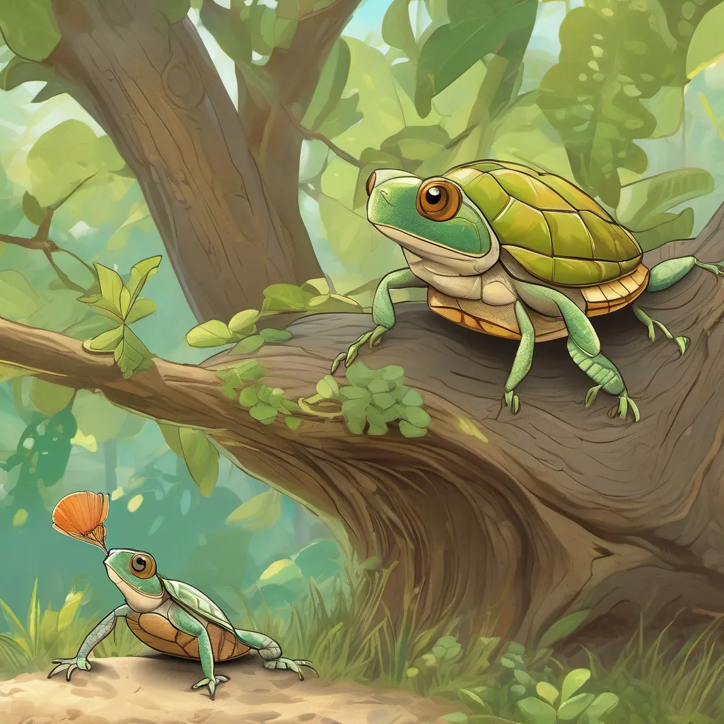 A friendly cricket with a chirpy demeanor and greenish-brown coloration the cricket offering a helping hand to A small turtle with bright eyes, a shell with unique patterns, and a determined expression midway up the tree.