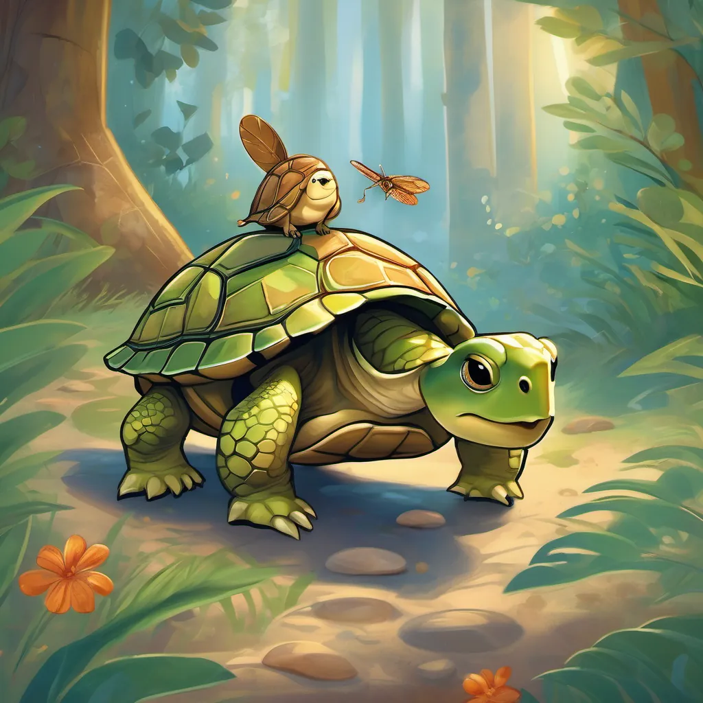 A small turtle with bright eyes, a shell with unique patterns, and a determined expression and A friendly cricket with a chirpy demeanor and greenish-brown coloration working together to climb higher, looking resolute and happy.