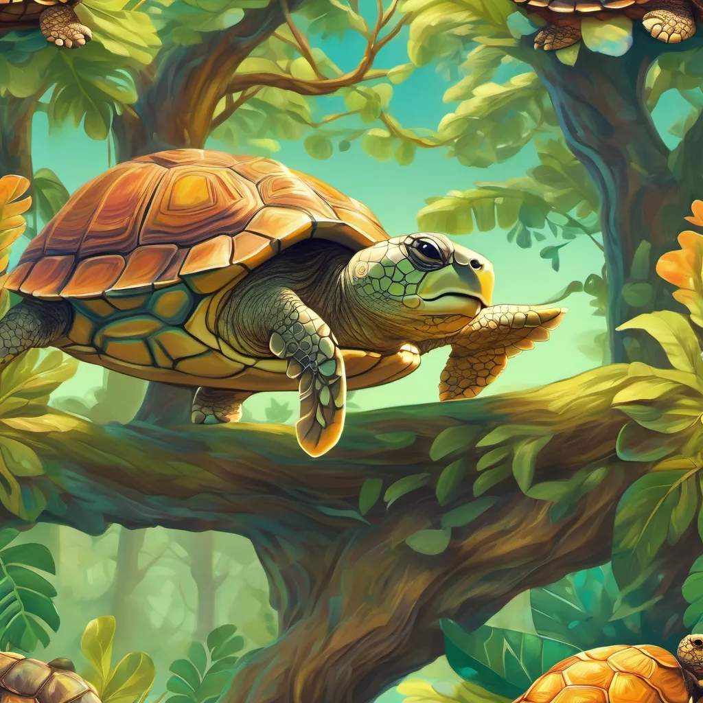 A small turtle with bright eyes, a shell with unique patterns, and a determined expression the turtle at the top of the tree, looking out at the vast forest with awe.