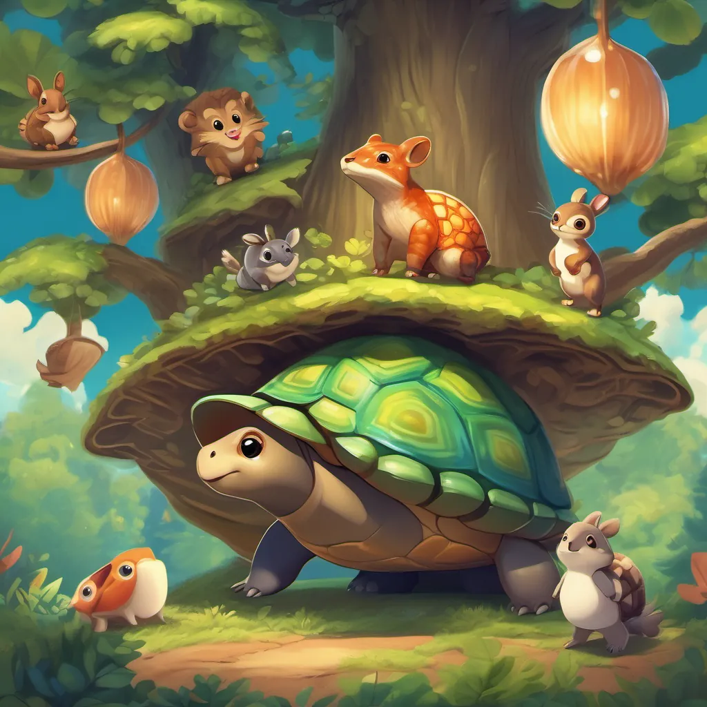 Forest animals celebrating A small turtle with bright eyes, a shell with unique patterns, and a determined expression's success with her at the top of the tree.