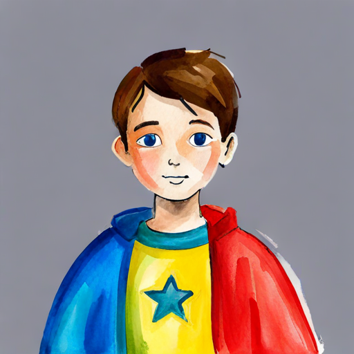 Ari, a boy with brown hair and a red superhero cape standing proudly as the king of wild things