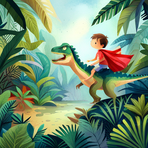 Ari, a boy with brown hair and a red superhero cape riding a colorful dinosaur through a jungle