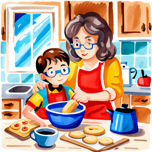 Ari, a boy with brown hair and a red superhero cape and his Grandma, a kind woman with glasses and an apron baking cookies in the kitchen