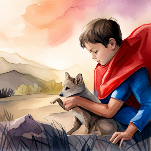 Ari, a boy with brown hair and a red superhero cape feeding and petting different animals in his kingdom