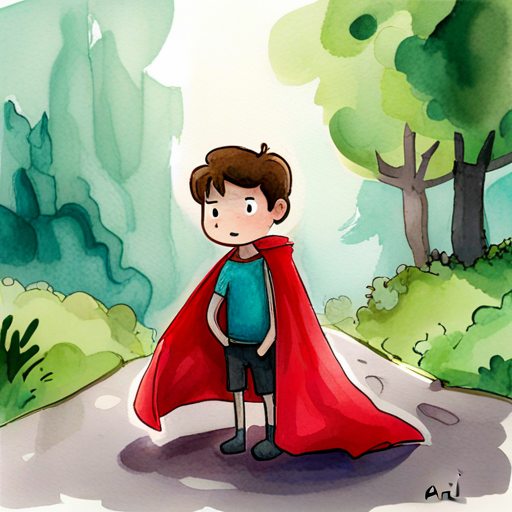 Ari, a boy with brown hair and a red superhero cape looking concerned, talking to the sad creature