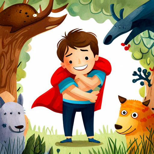Ari, a boy with brown hair and a red superhero cape hugging the creature, surrounded by happy animals