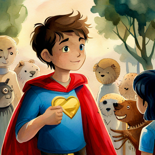 Ari, a boy with brown hair and a red superhero cape giving a heart-shaped medal to a group of creatures