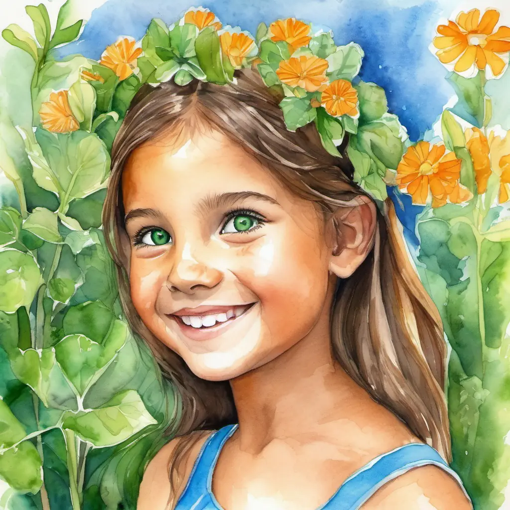 Introducing Small folletto, green skin, bright blue eyes, cheery the folletto, Young girl, tanned skin, kind brown eyes, warm smile's vibrant garden