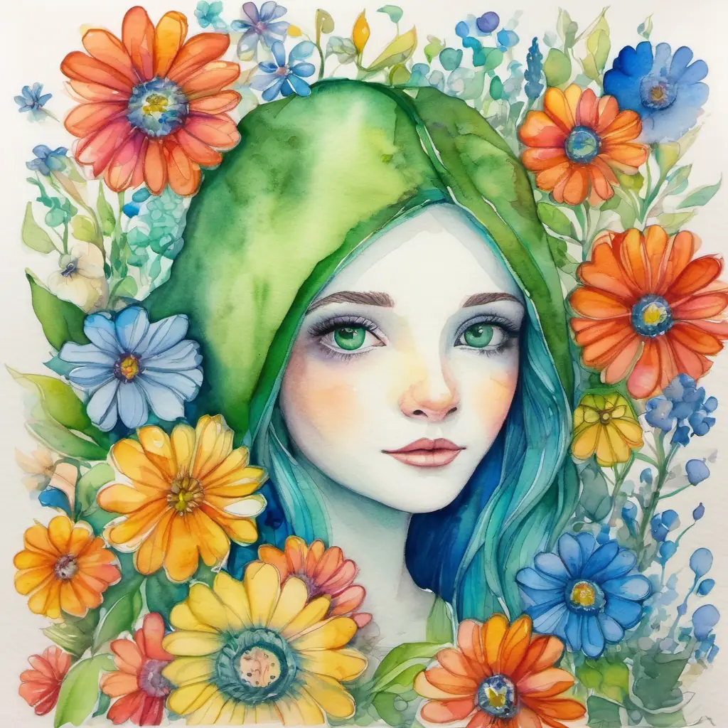 Small folletto, green skin, bright blue eyes, cheery amidst colorful flowers, feeling lonely