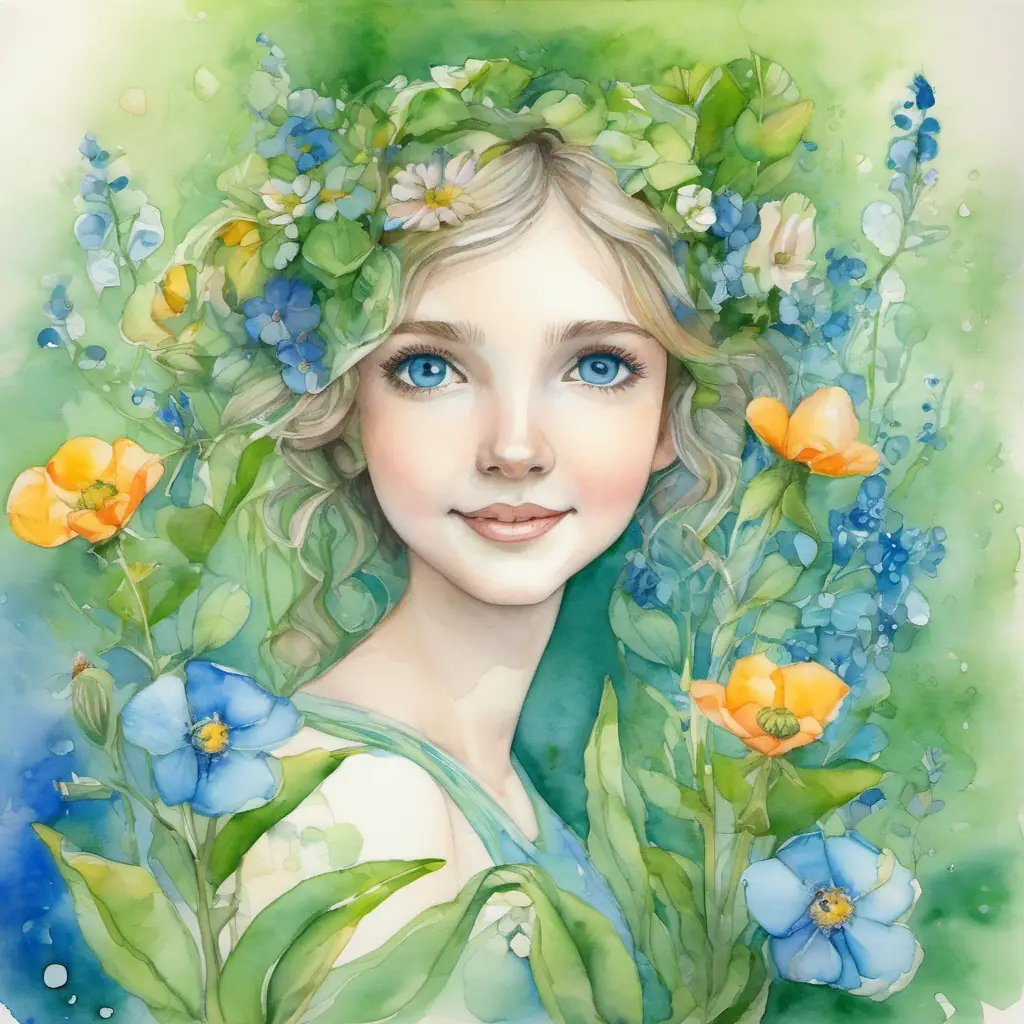 The garden blossoms, Small folletto, green skin, bright blue eyes, cheery surrounded by friends