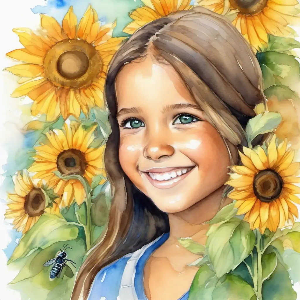 Young girl, tanned skin, kind brown eyes, warm smile teaches Small folletto, green skin, bright blue eyes, cheery, bees buzzing, sunflowers looming