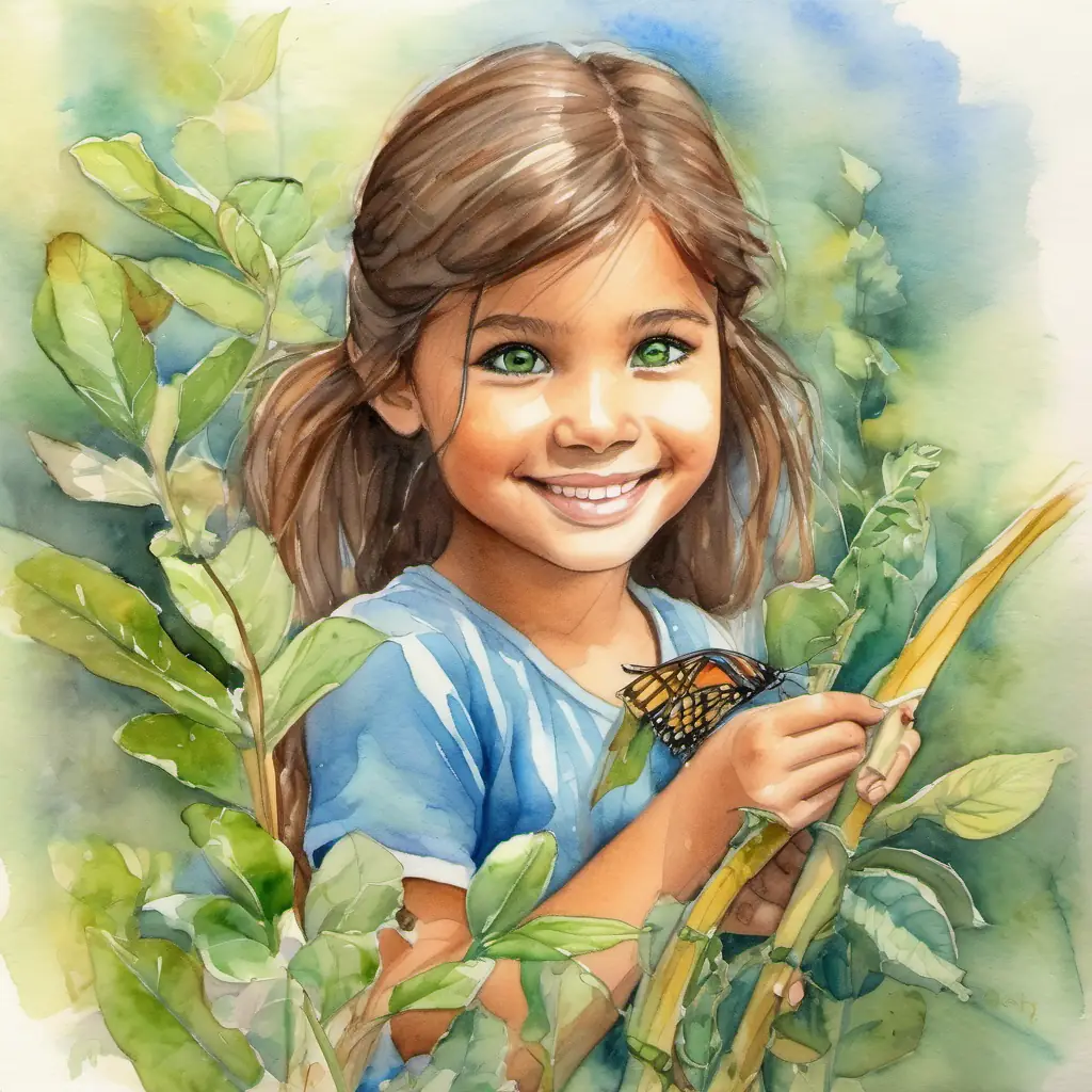 Young girl, tanned skin, kind brown eyes, warm smile helps the caterpillar home, Small folletto, green skin, bright blue eyes, cheery's suggestion