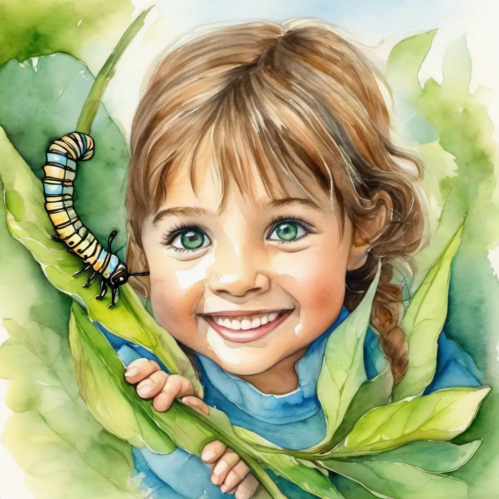 Caterpillar's joy, home at last thanks to Young girl, tanned skin, kind brown eyes, warm smile and Small folletto, green skin, bright blue eyes, cheery