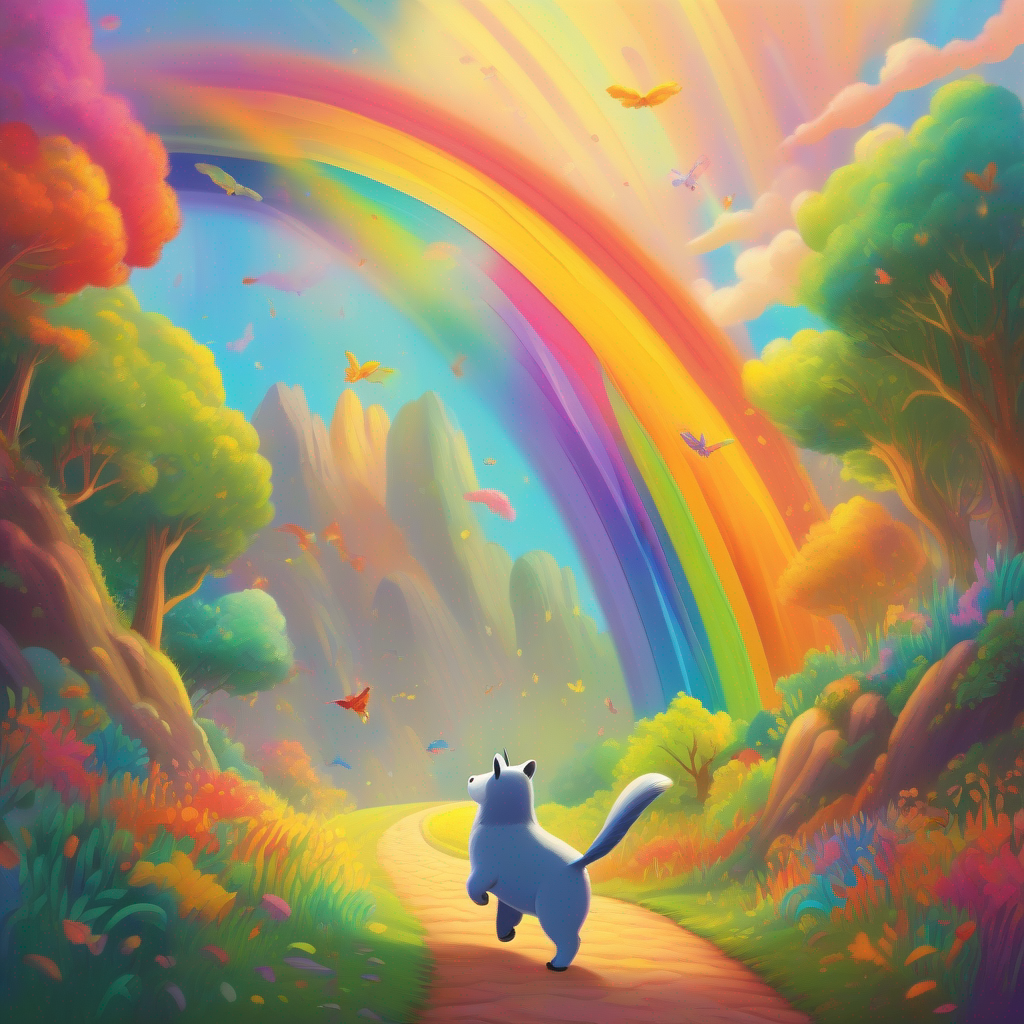 Rainbow confidently shows its colorful trail, animals cheer and dance.