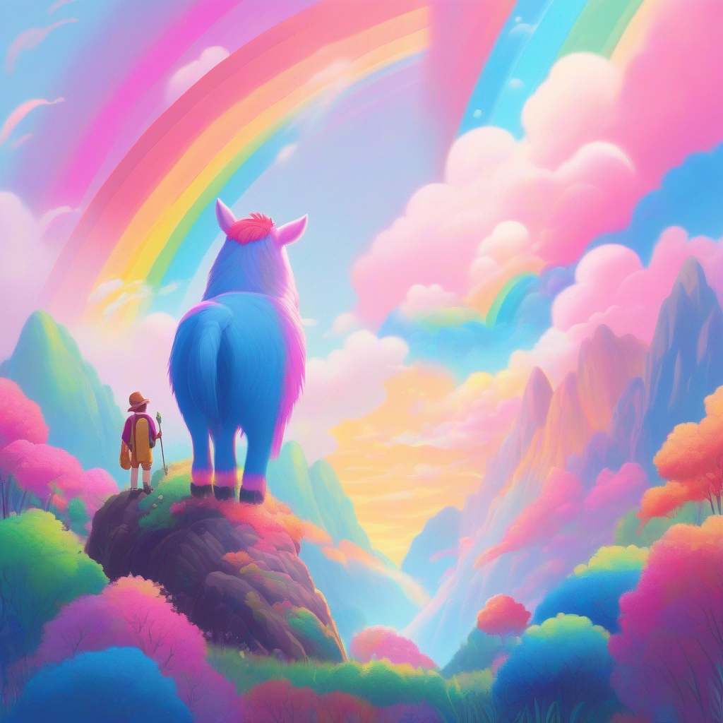 Rainbow makes friends, confidence grows through adventures, pink and blue.