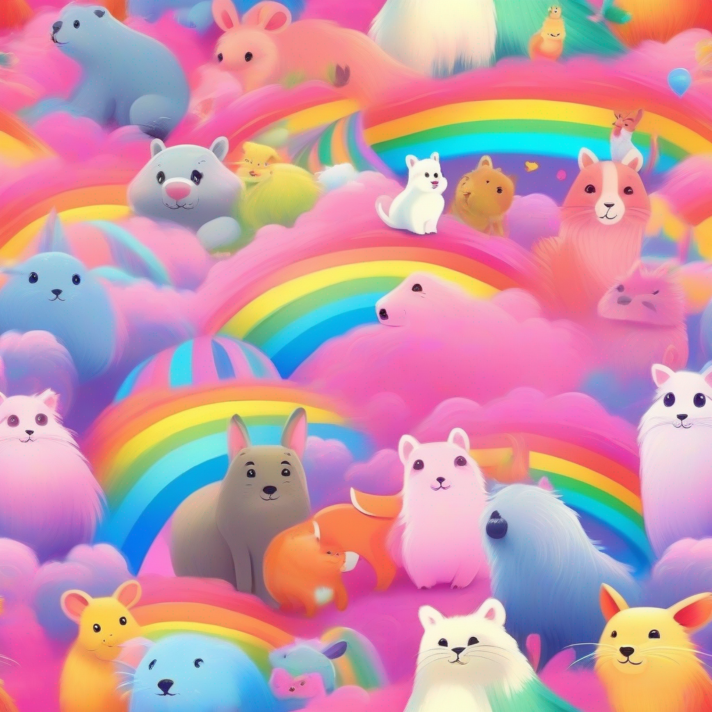 Various animals amazed and cheerful, enjoying Rainbow's colors. from different lands visit Rainbow, admire confidence, pink and blue.