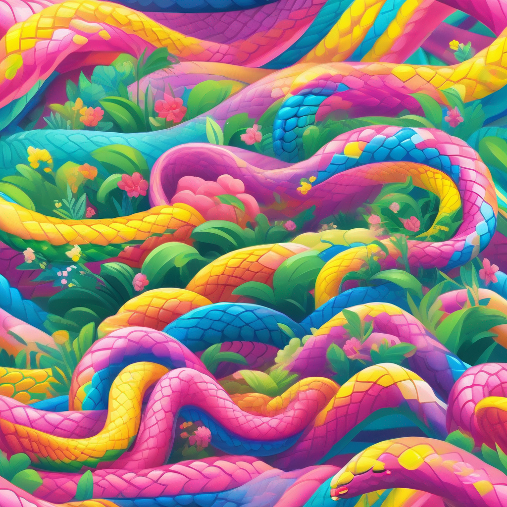 Rainbow snake brings happiness and confidence to the world, pink, blue, green, and yellow.