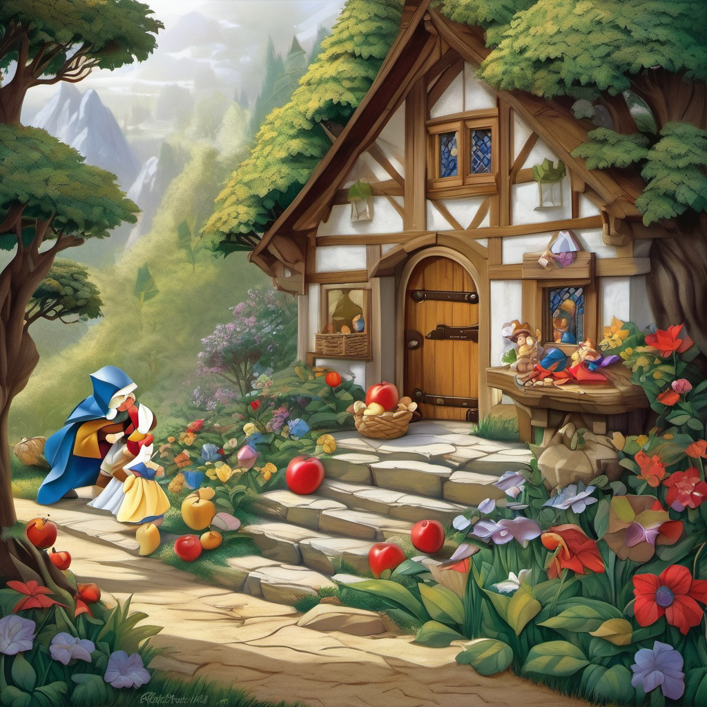Snow White knocked on the door of the cottage and asked if she could stay there. The dwarfs agreed, but they warned her to never let anyone in when they were not around. Snow White promised to obey and they all lived happily together. One day, the queen, disguised as an old hag, found Snow White and offered her a poisoned apple. Snow White took a bite and fell into a deep sleep. The dwarfs arrived back at the cottage and found Snow White unconscious. They tried everything to wake her up but nothing worked.