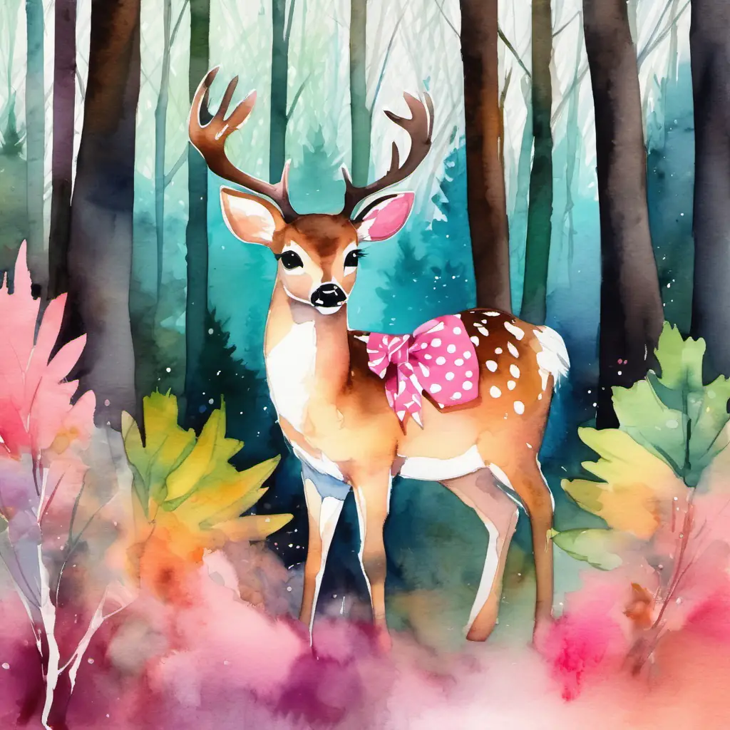 A cute deer with a pink bow, a cute deer with a pink bow, is standing in a forest full of colorful trees.