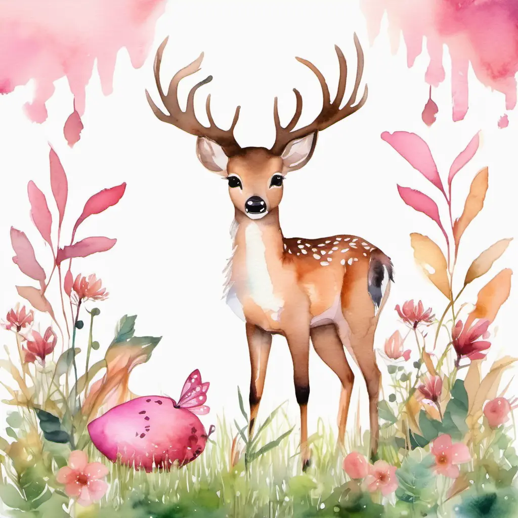 A cute deer with a pink bow is in a meadow with tall grass, next to a leaf with a small angel made of acorns sitting on it.