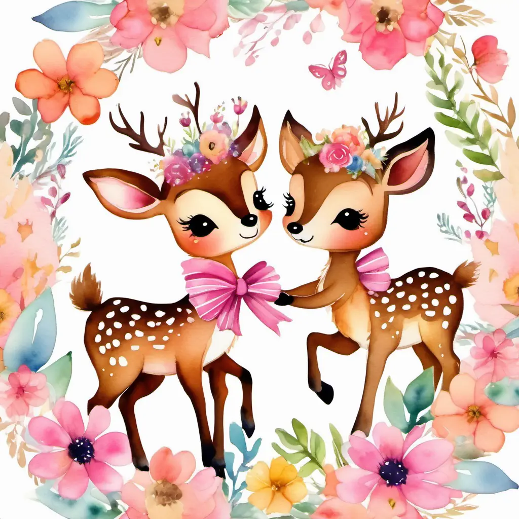 A cute deer with a pink bow and A little acorn angel with shimmering wings are holding hands and singing while picking colorful flowers.