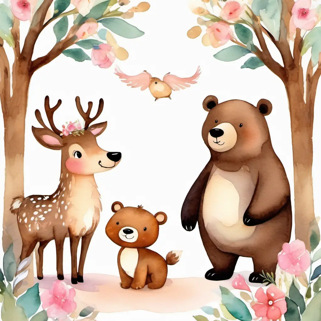 A cute deer with a pink bow and A little acorn angel with shimmering wings are standing next to a big brown bear, A big cuddly brown bear with a friendly smile, who has his arms open for a hug.