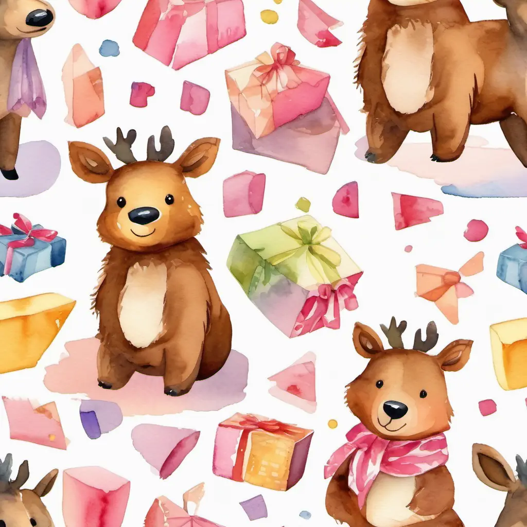 A cute deer with a pink bow and A big cuddly brown bear with a friendly smile are roaring and laughing while playing with alphabet blocks.