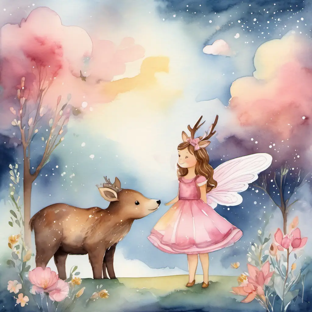 A cute deer with a pink bow and A big cuddly brown bear with a friendly smile are looking up at a cloud fairy with a flowing dress and sparkling wings.