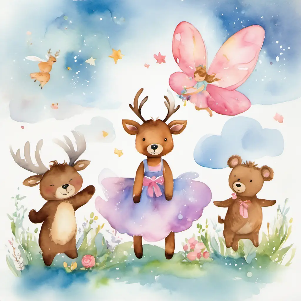 A cute deer with a pink bow, A big cuddly brown bear with a friendly smile, and A cloud fairy with a flowing dress and sparkling wings are floating in the sky, laughing and saying the ABCs.