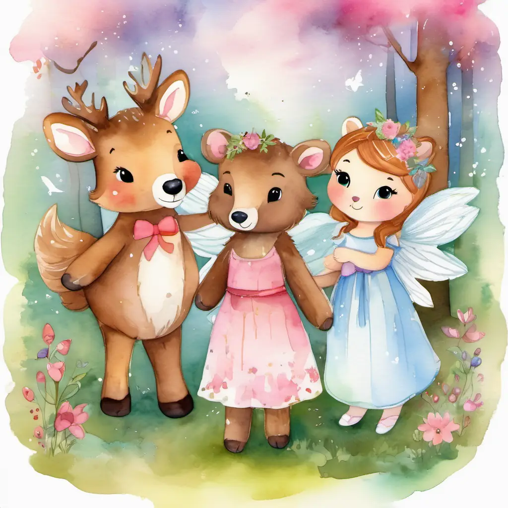 A cute deer with a pink bow, A little acorn angel with shimmering wings, A big cuddly brown bear with a friendly smile, and A cloud fairy with a flowing dress and sparkling wings are hugging each other in a forest clearing, with smiles on their faces.