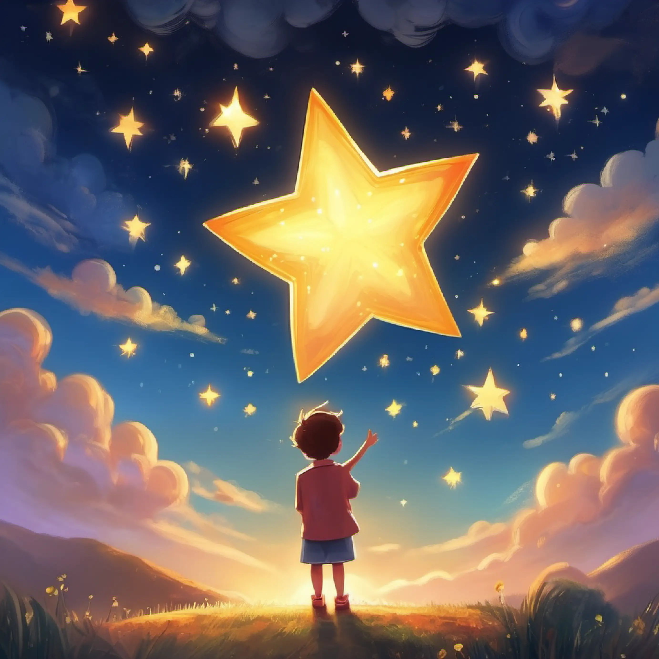 A cheerful, twinkling star with a curious heart playing in the sky, dreaming about the sun.