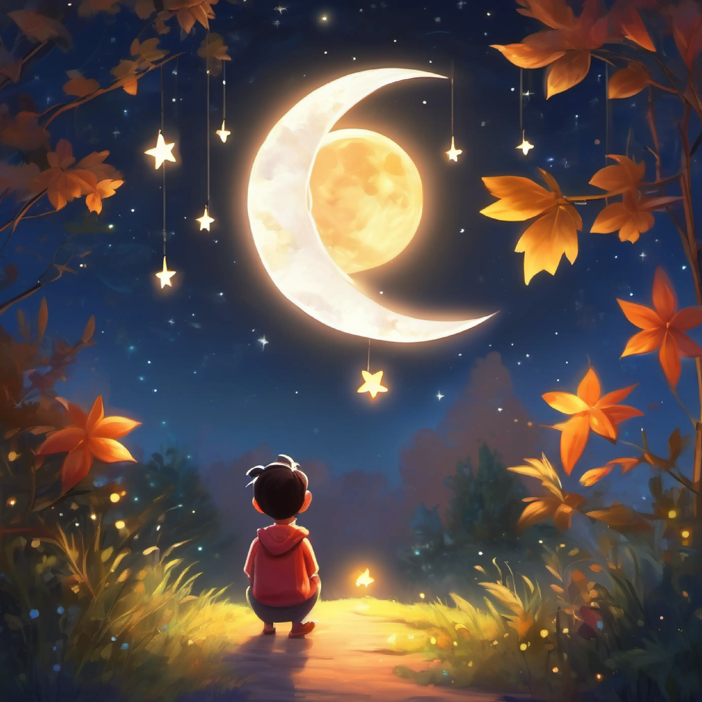 A cheerful, twinkling star with a curious heart talking to the A wise, smiling crescent moon with a soothing glow, making a wish.