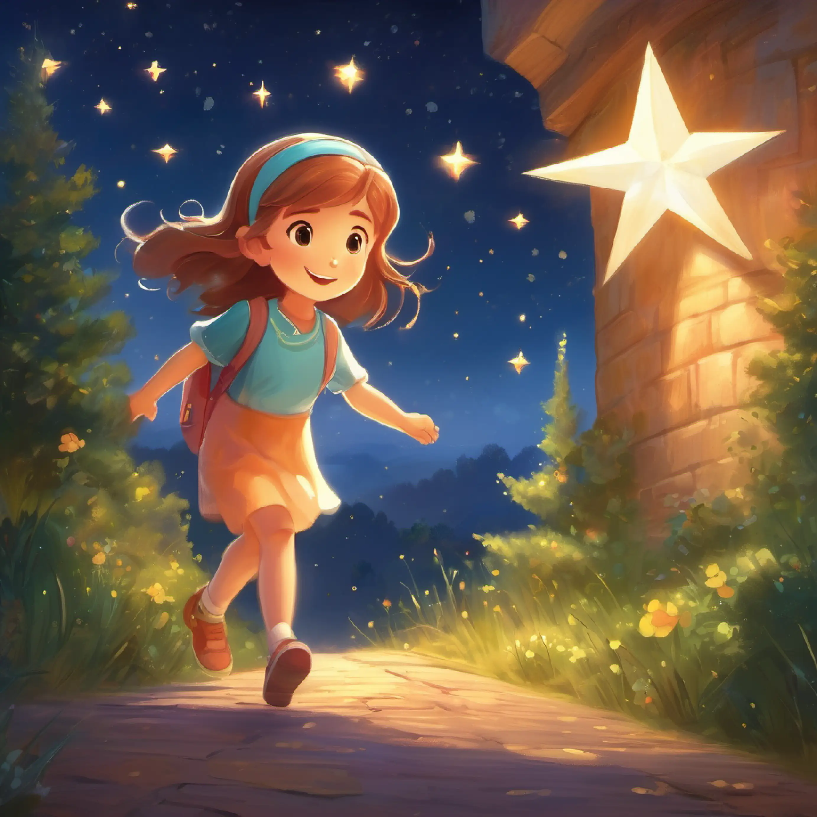 A cheerful, twinkling star with a curious heart receiving a moonbeam, beginning her journey.