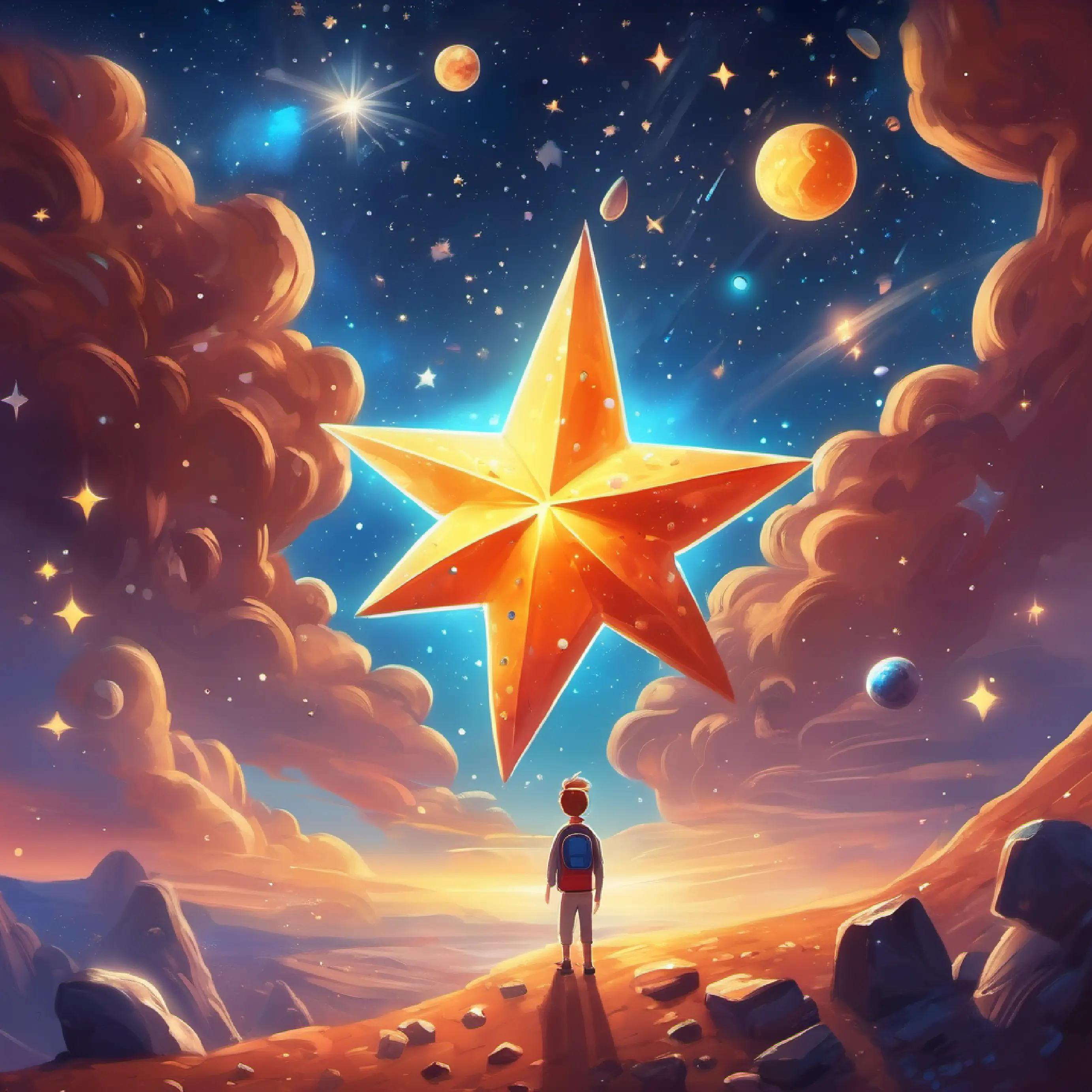 A cheerful, twinkling star with a curious heart traveling with stardust, amidst comets and asteroids.