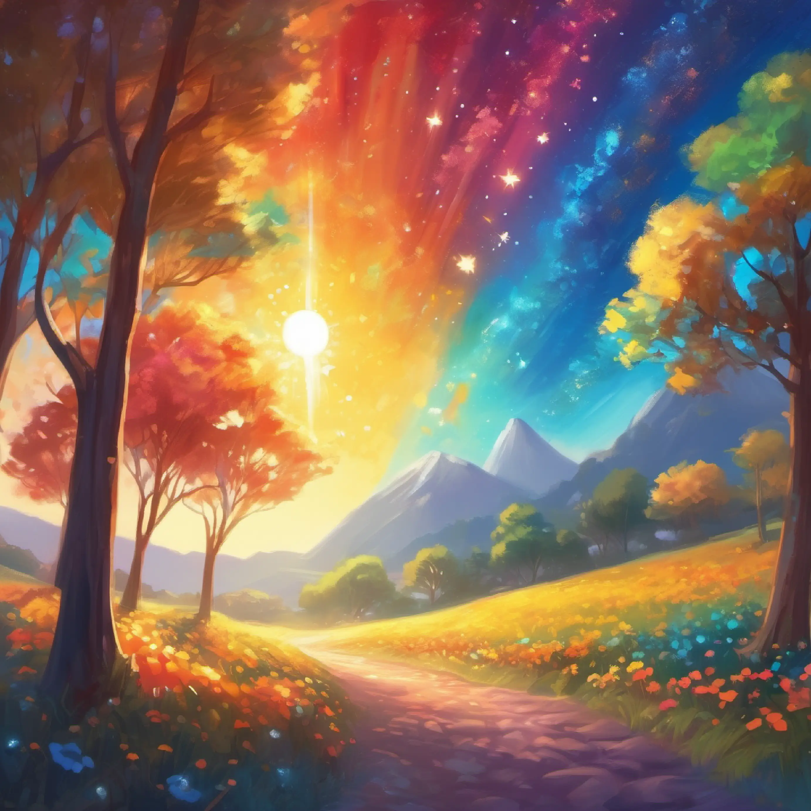 A cheerful, twinkling star with a curious heart reaching a colorful, bright place and seeing the sun nap.