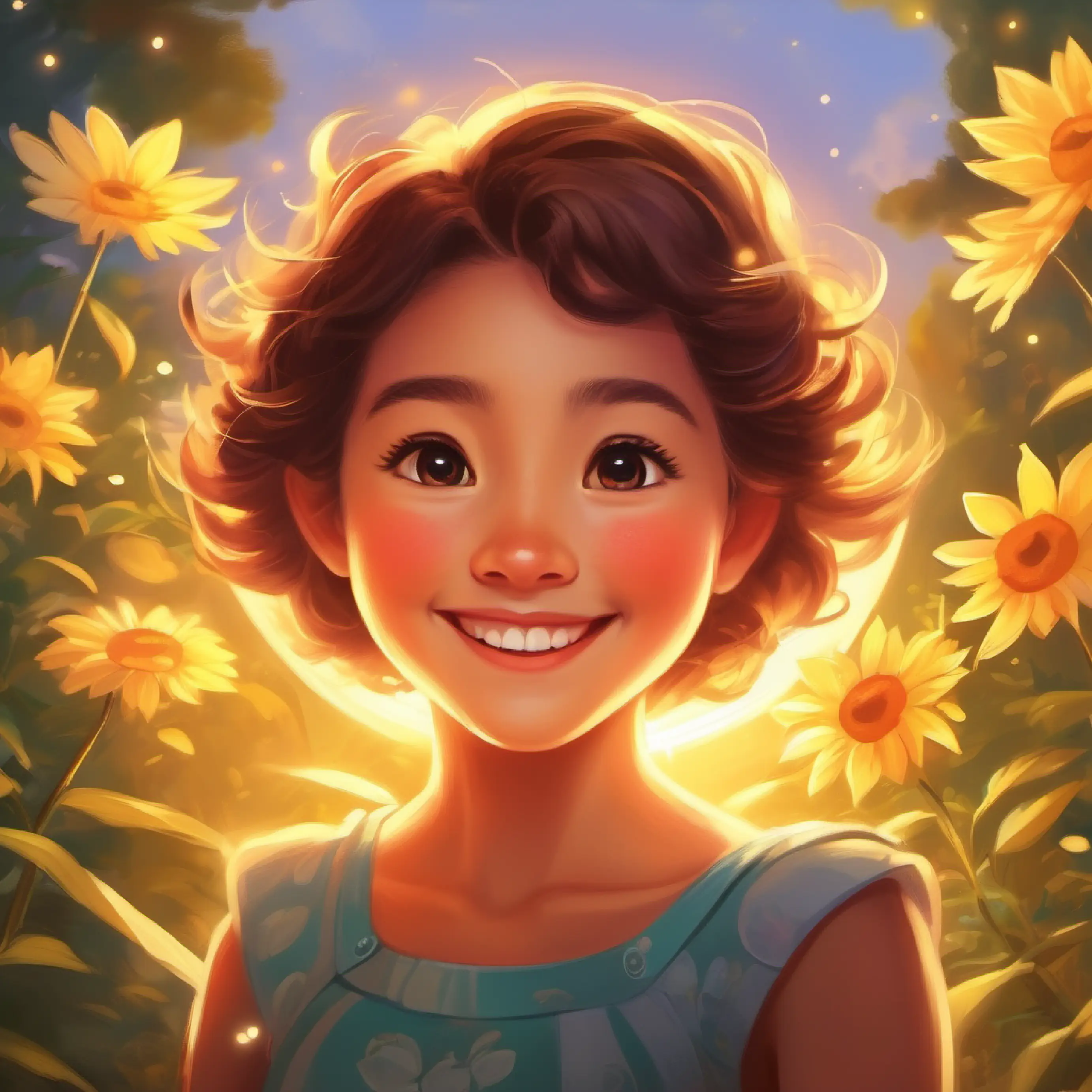 A radiant, friendly sun with a warm beam giving A cheerful, twinkling star with a curious heart a sunbeam, boosting her brightness.