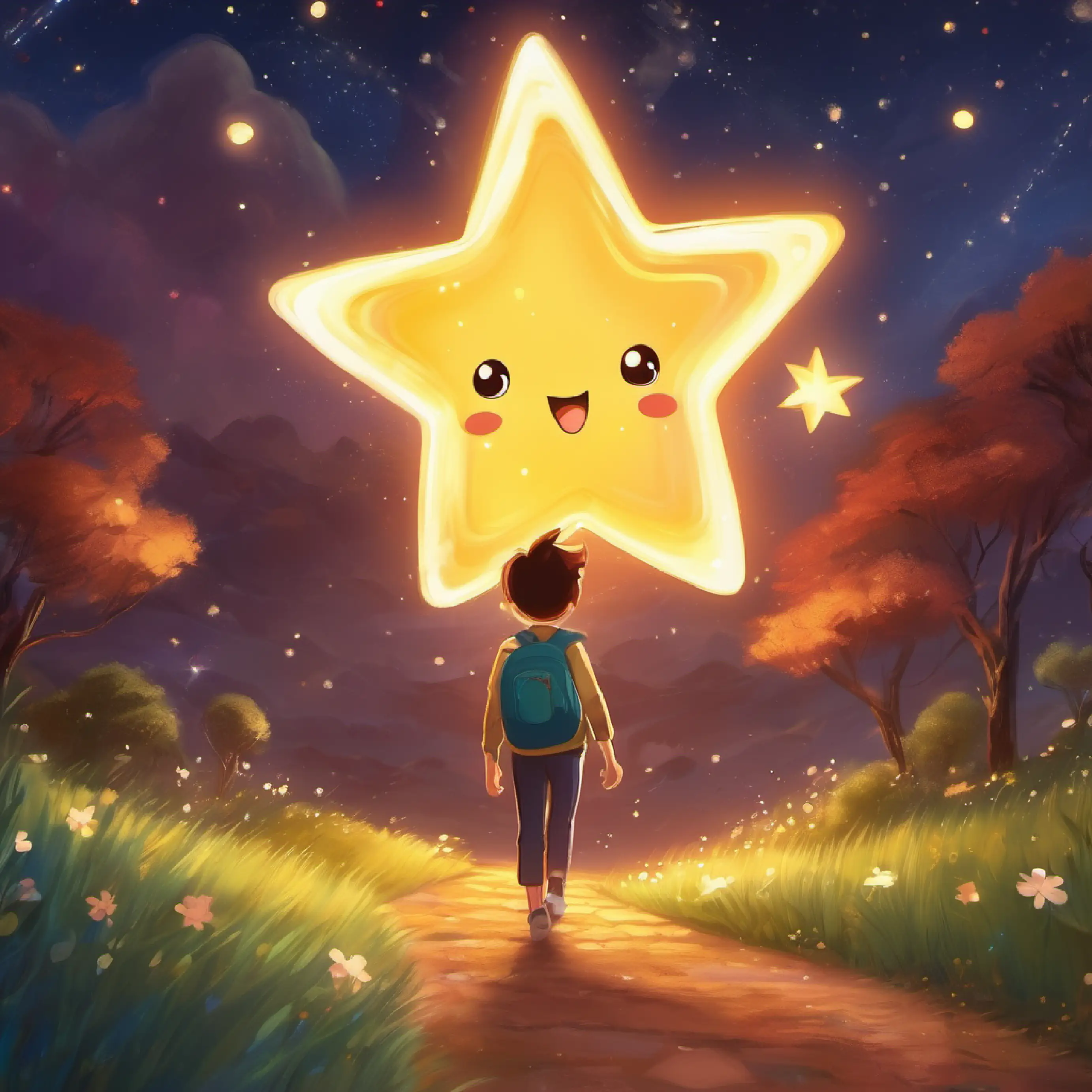 A cheerful, twinkling star with a curious heart returning home, shining uniquely, inspiring others.