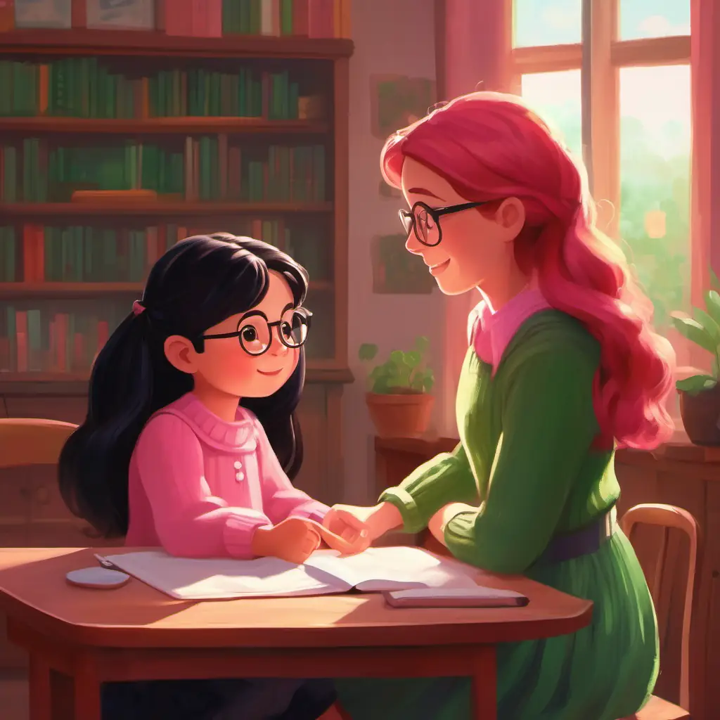 A little girl with black long hair, wearing a pink dress begins to feel better after Kind teacher with glasses, red hair, and a green sweater's encouragement.