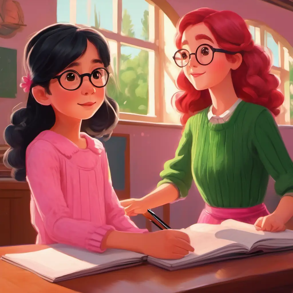 A little girl with black long hair, wearing a pink dress is approached by her kind teacher, Kind teacher with glasses, red hair, and a green sweater.