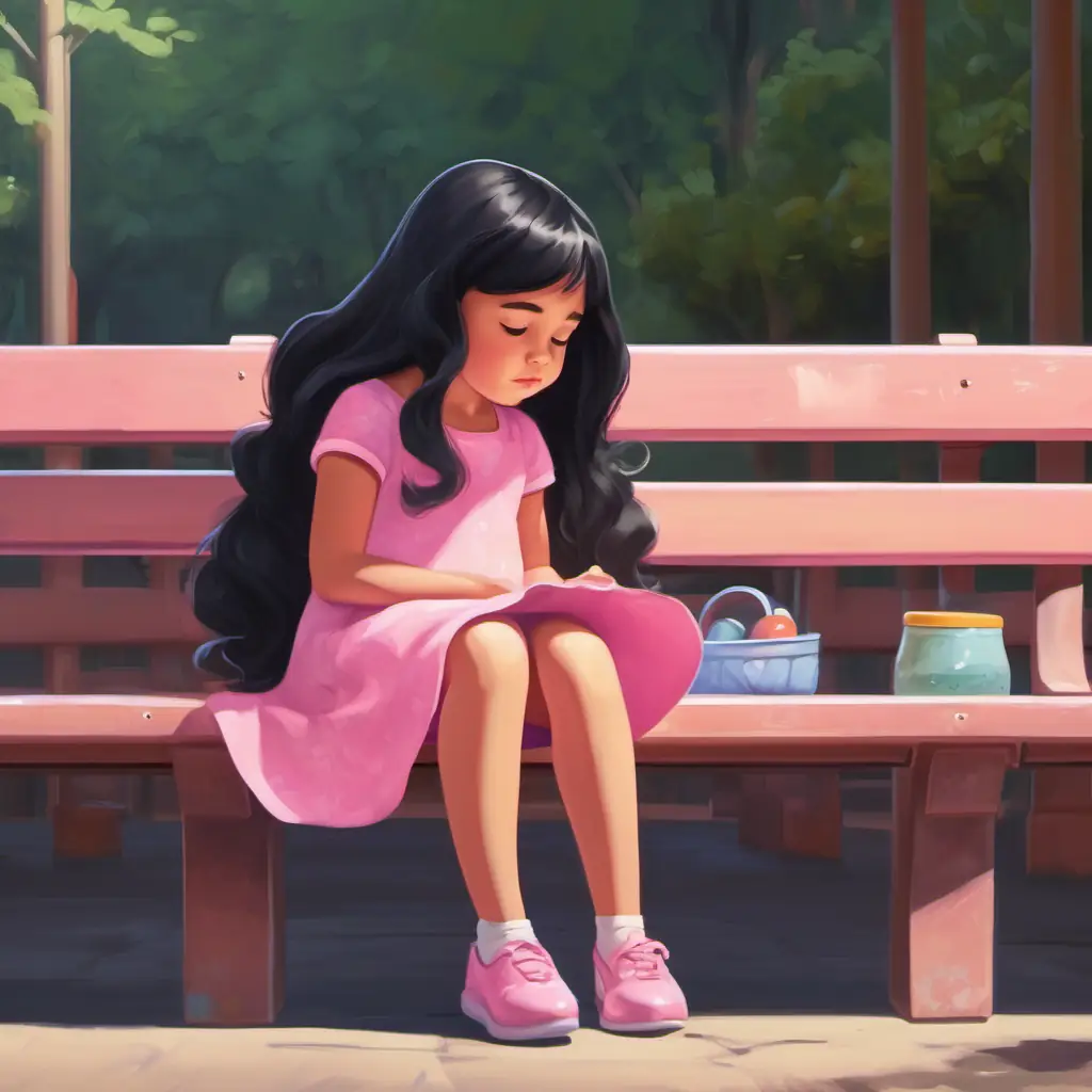 A little girl with blac hair, long hair, wearing a pink dress is upset and sitting alone on a school bench.