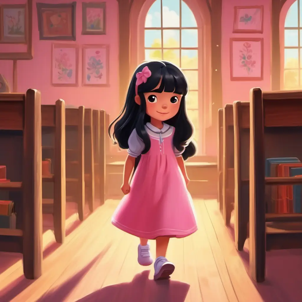 The bell signals the end of recess, and A little girl with black long hair, wearing a pink dress returns to class encouraged.