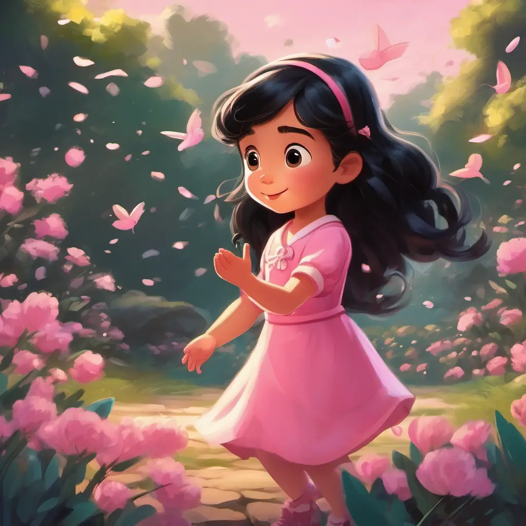 A little girl with black long hair, wearing a pink dress successfully delivers her lines, and everyone applauds.