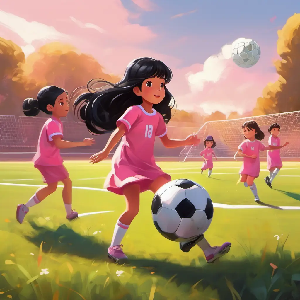 A little girl with black long hair, wearing a pink dress returns a ball to her classmates playing soccer.